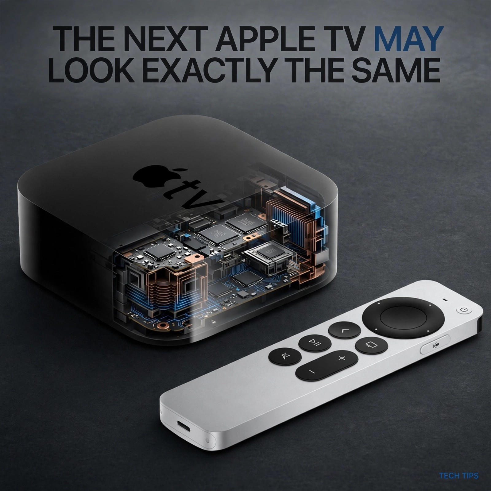 Apple TV 4K box is white with the Apple TV logo and 'tv 4K' text