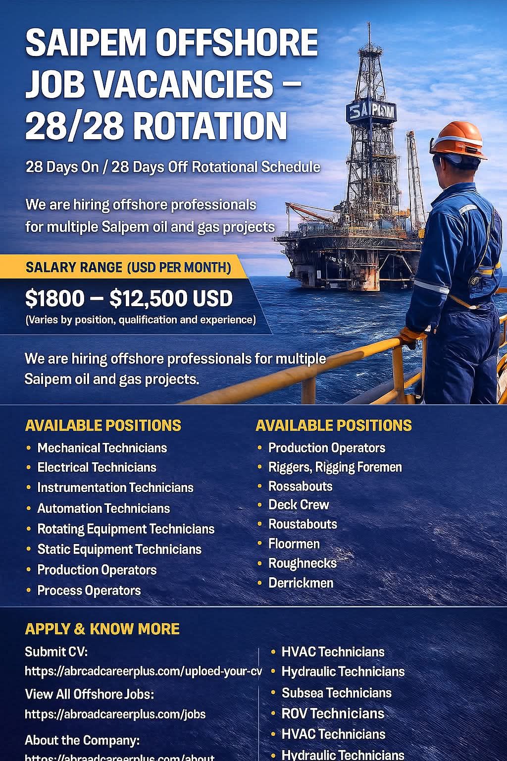 offshore - SAIPEM OFFSHORE JOB VACANCIES – 28/28 ROTATION We are hiring ...