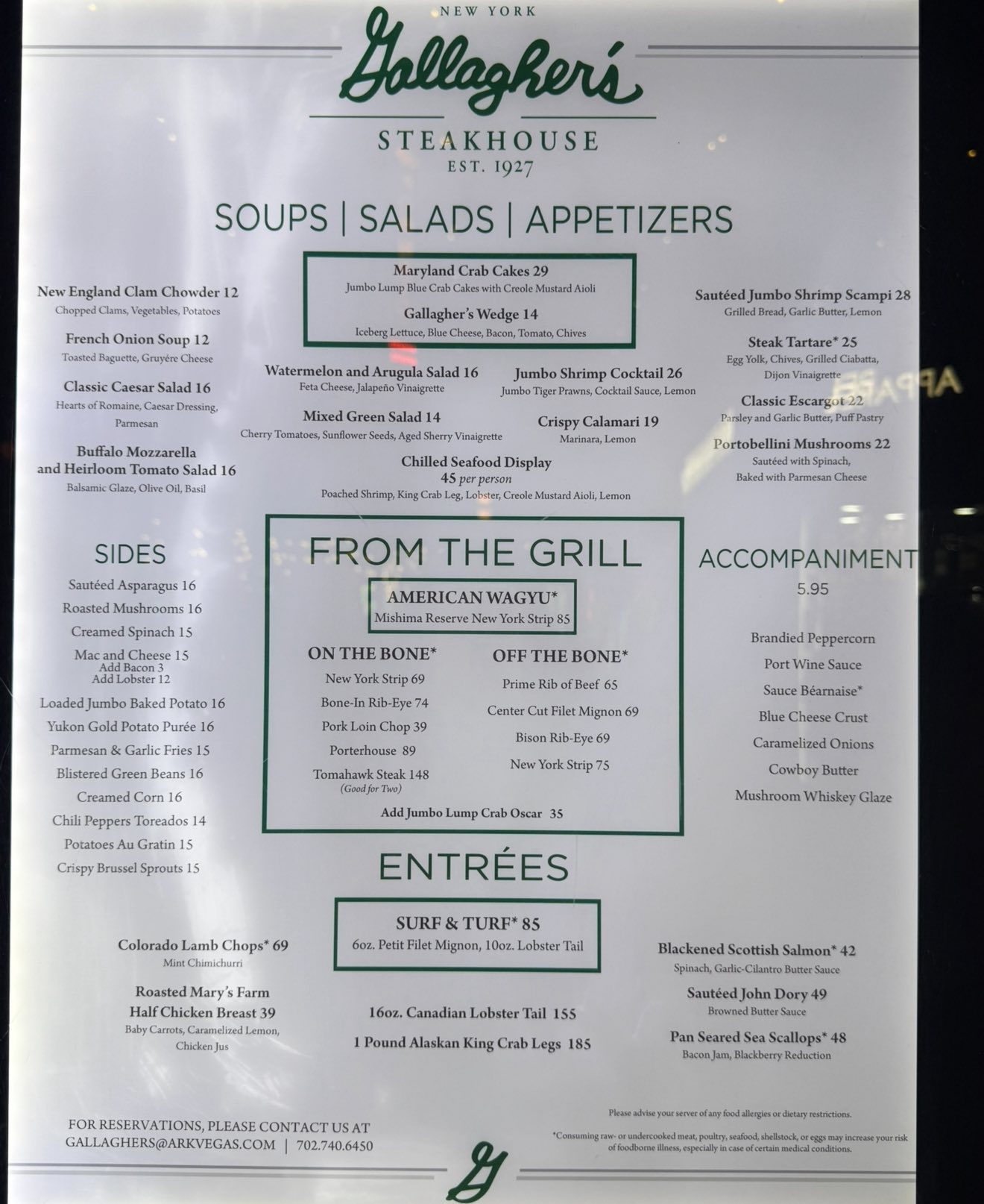 Gallaghers Steak House ヴィンテージ メニュー Gallaghers Steakhouse