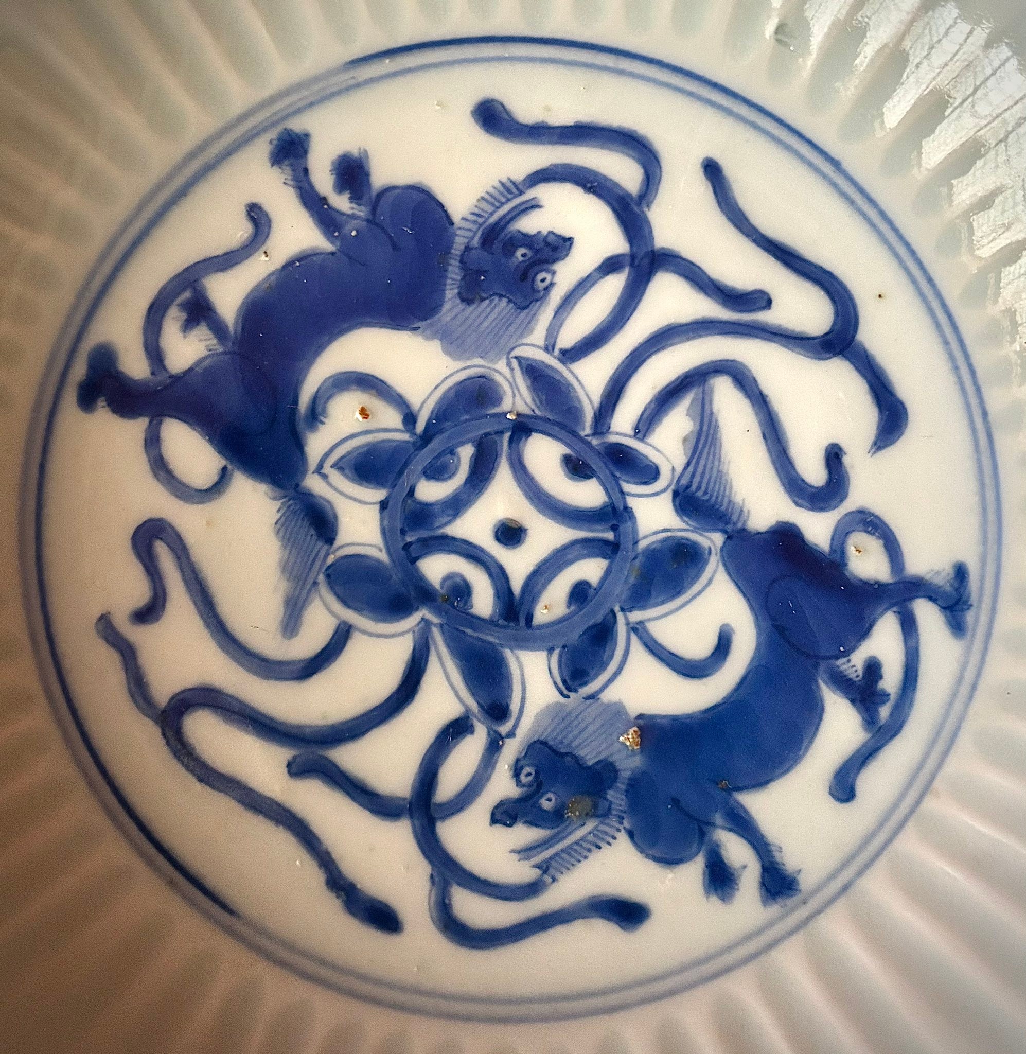 三田焼 染付獅子図中皿】 江戸末 W : 22.5cm 獅子の顔がユニークです