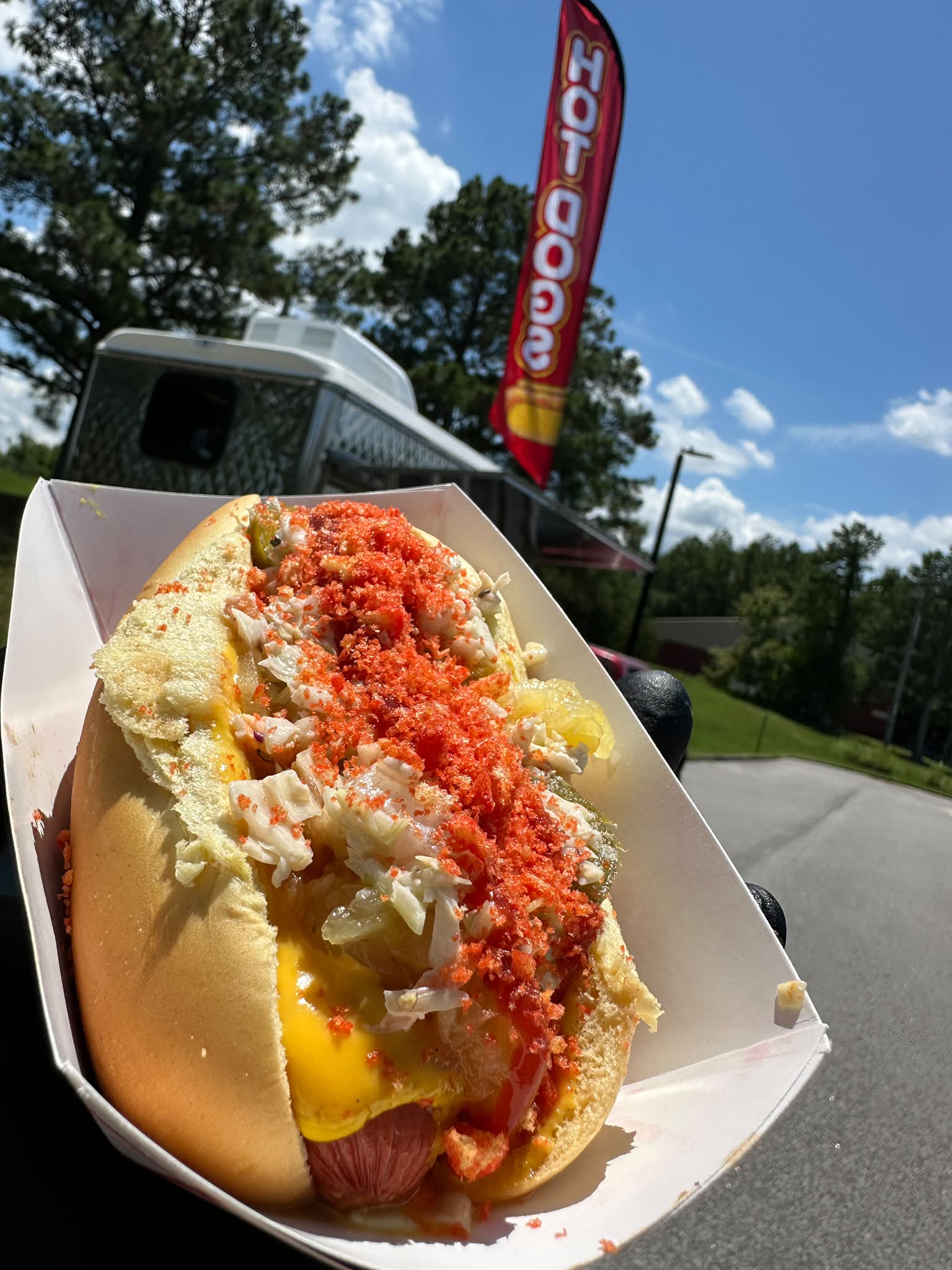Columbia hot dogs with pineapple sauce and potato chips