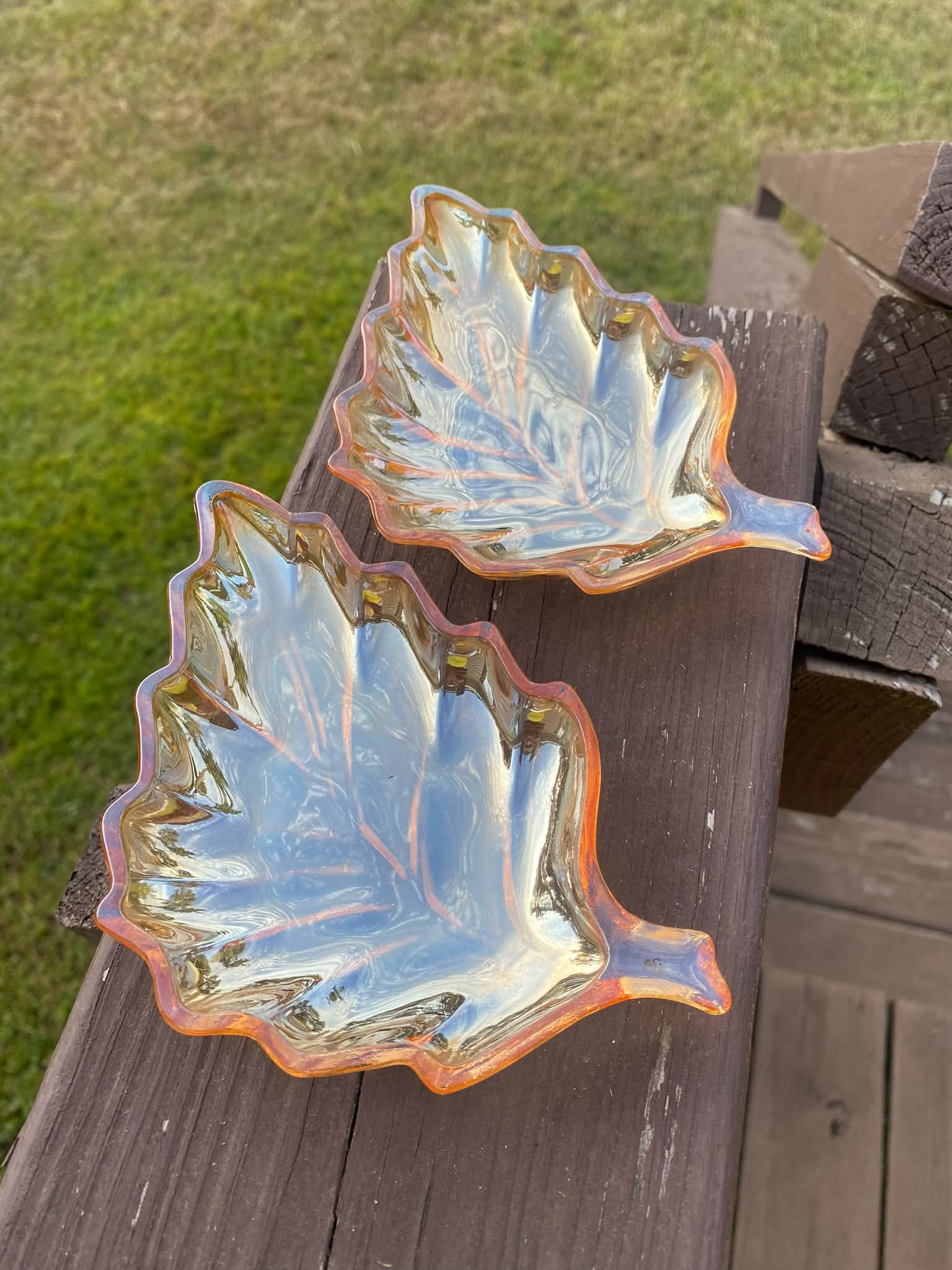 Vintage 1950's-60's Jeanette Marigold Carnival Glass Leaf Dish Set