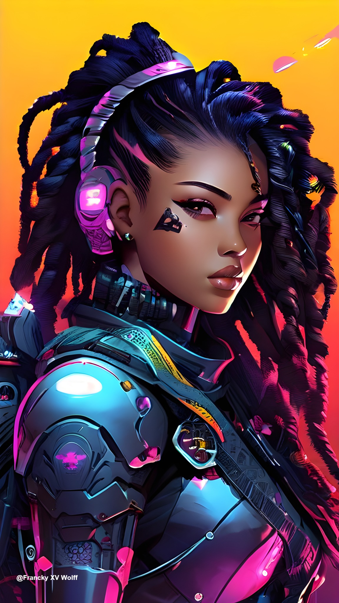 Cyberpunk digital manga art with African American female rockstar