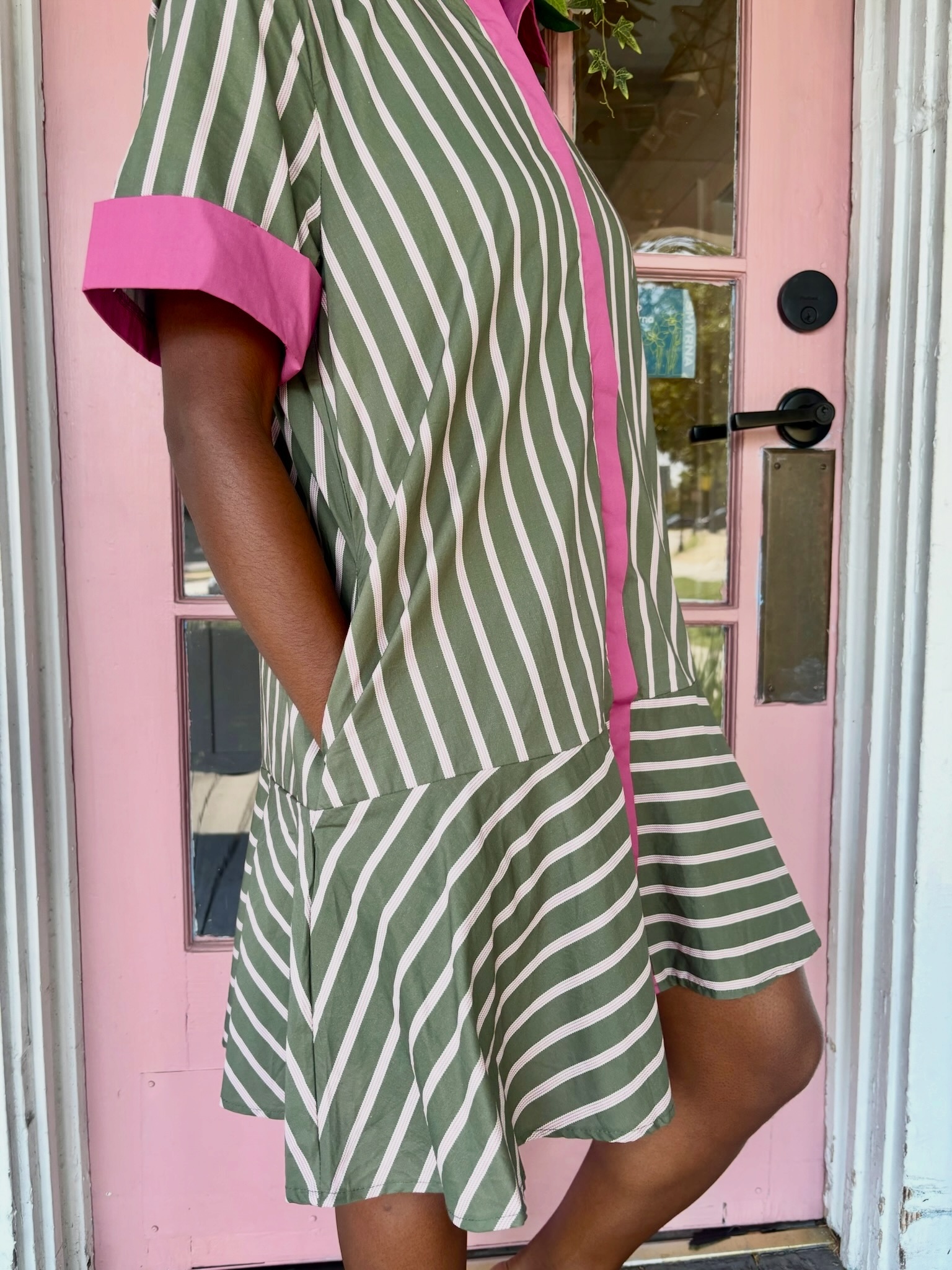 olive green and pink dress Fall fashion with striped in Smyrna wo 9/15/24-9/21/24