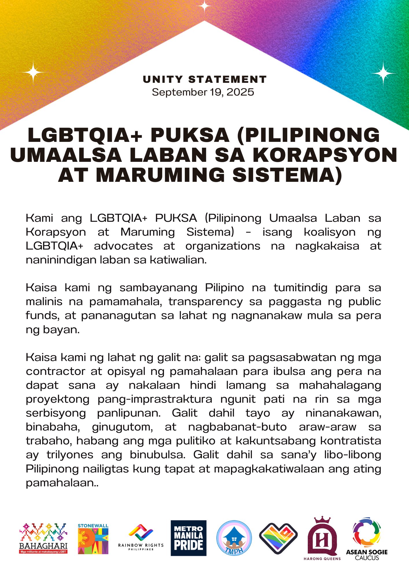 UNITY STATEMENT OF LGBTQIA+... - Stonewall Philippines | Facebook