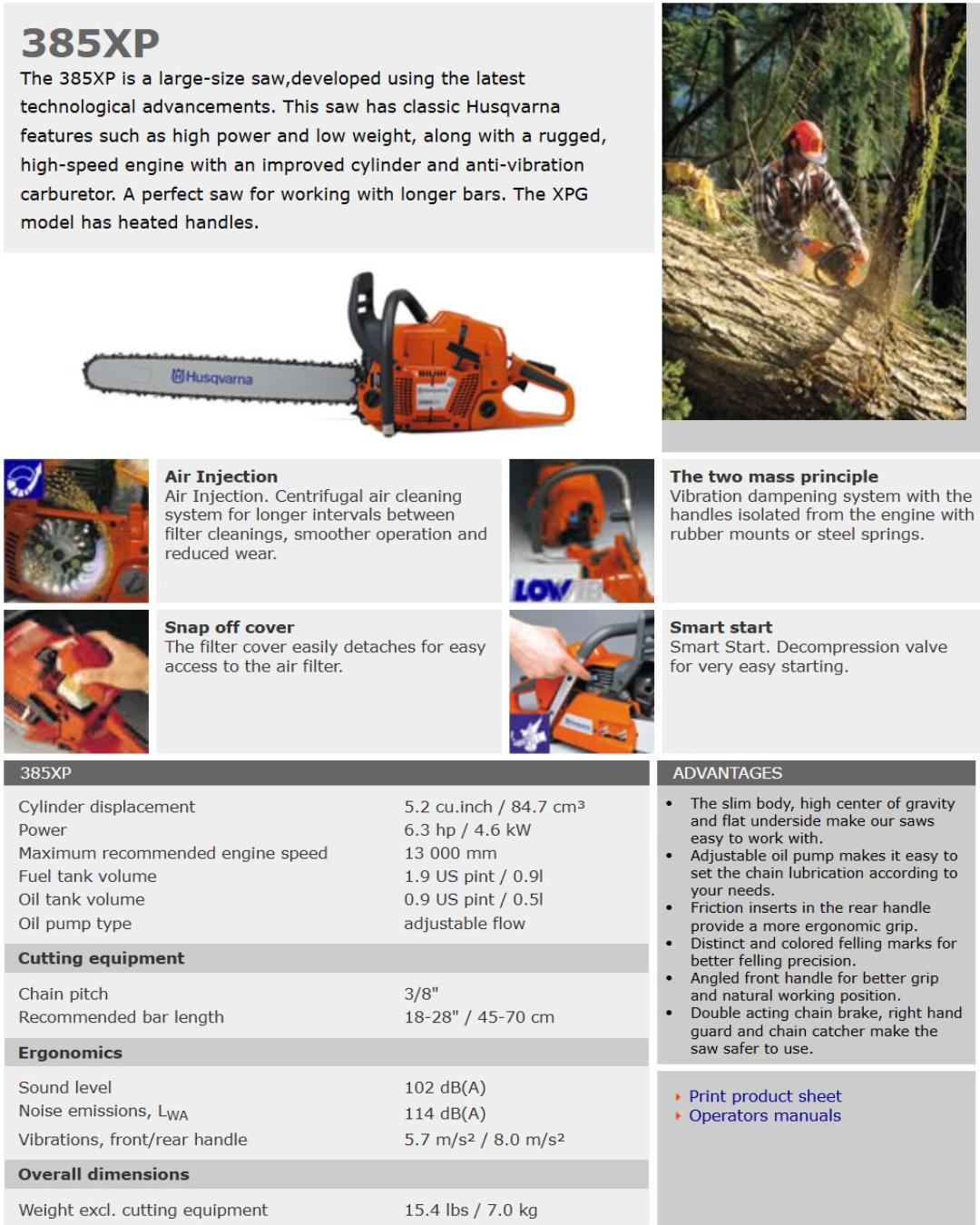 Specs and features of the Husqvarna 385 XP, which was produced