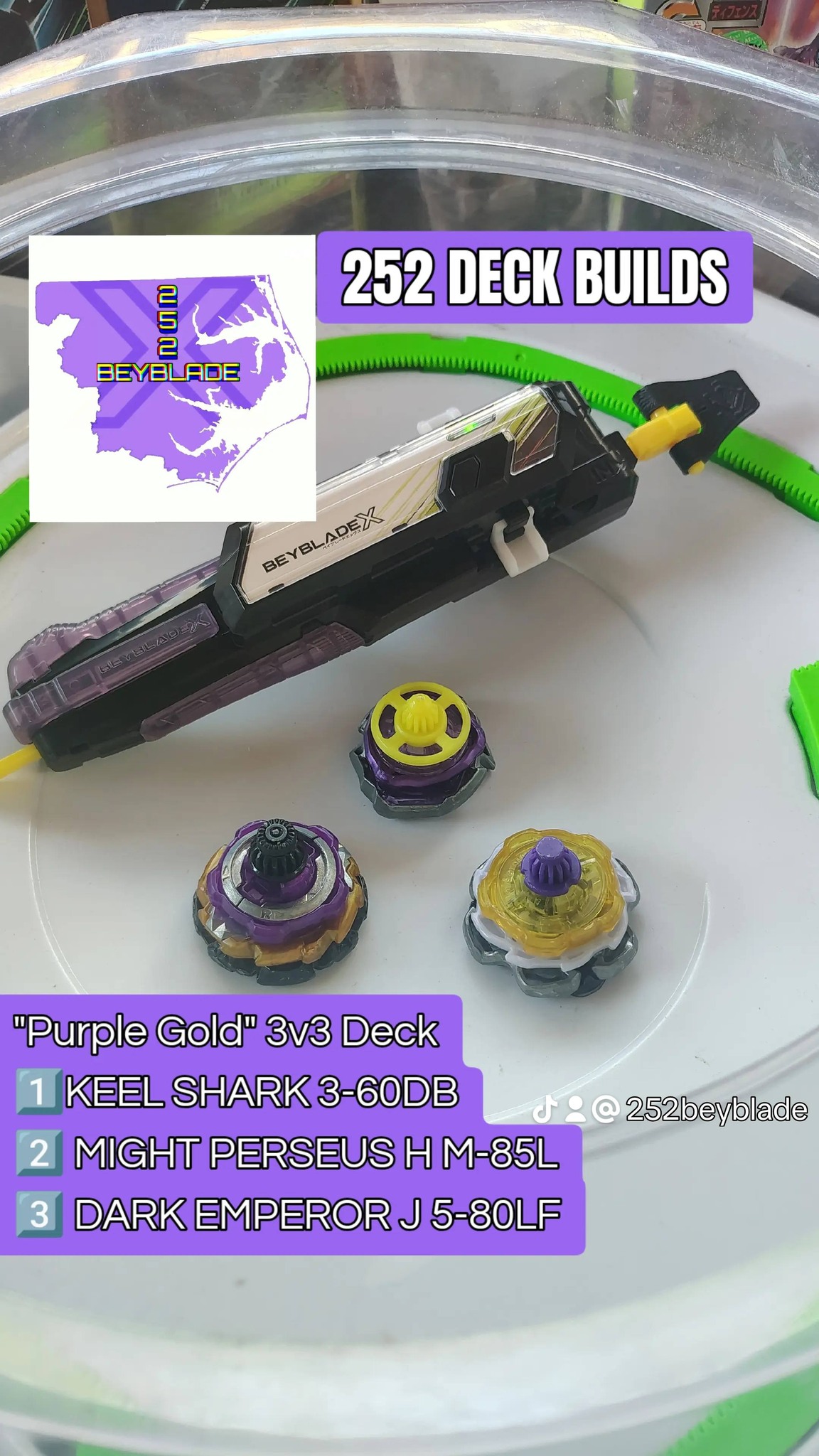 252 'Purple Gold' 3v3 Deck for BEYBLADE X featuring Keel Shark