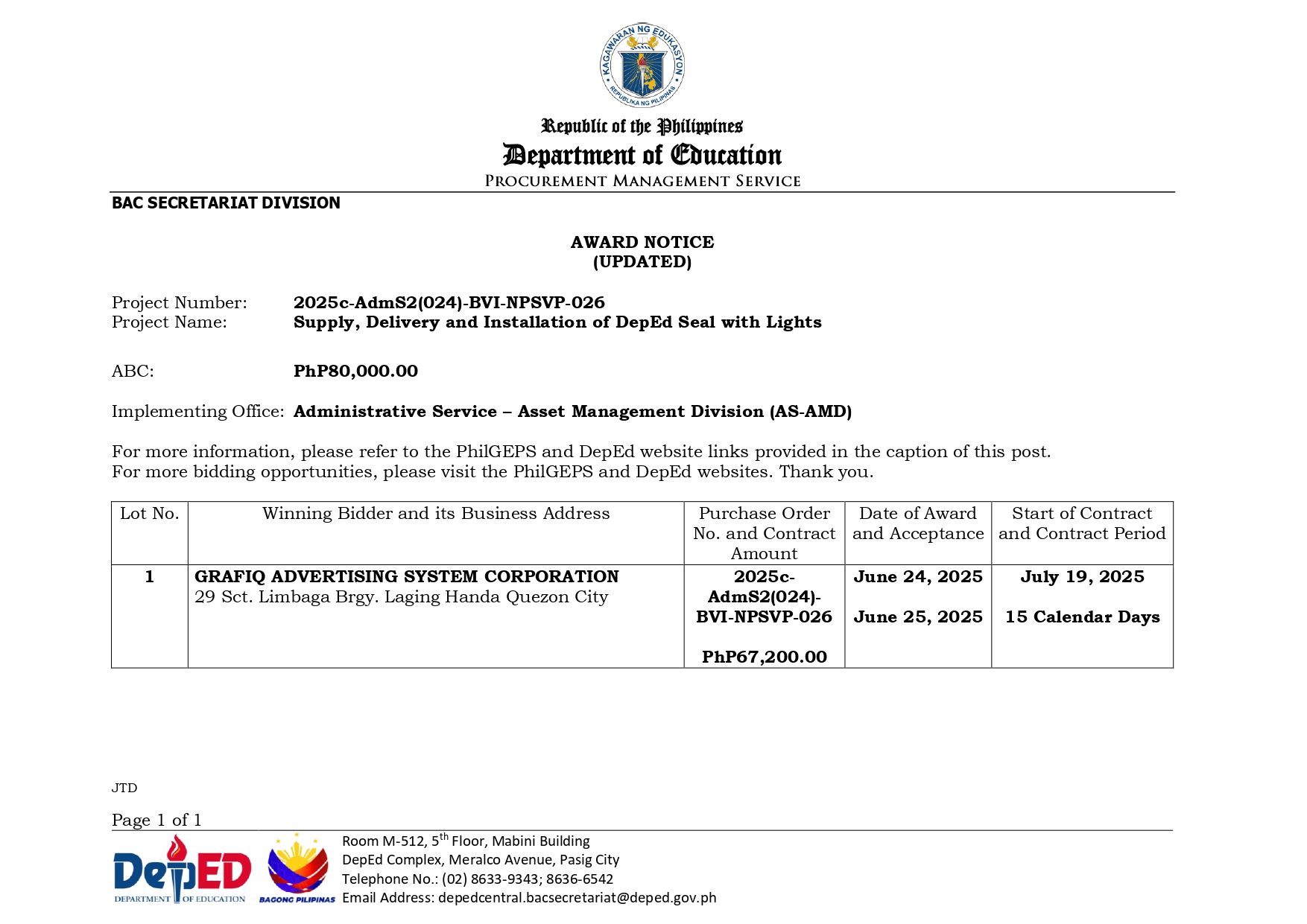 DepEd - Updated Award Notice Project: Supply, Delivery and Installation ...