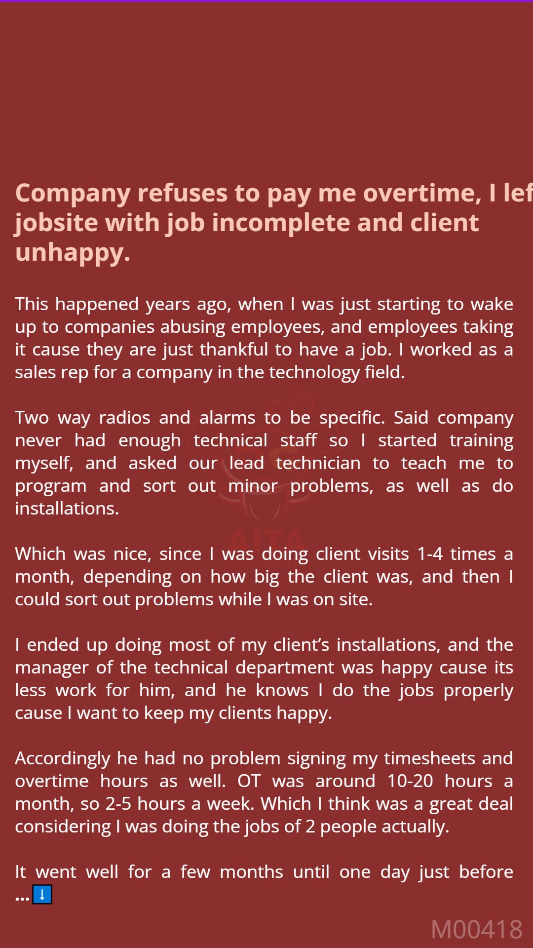 AITA - Company 🐺 refuses to 🐴 pay me overtime, I left jobsite with job ...
