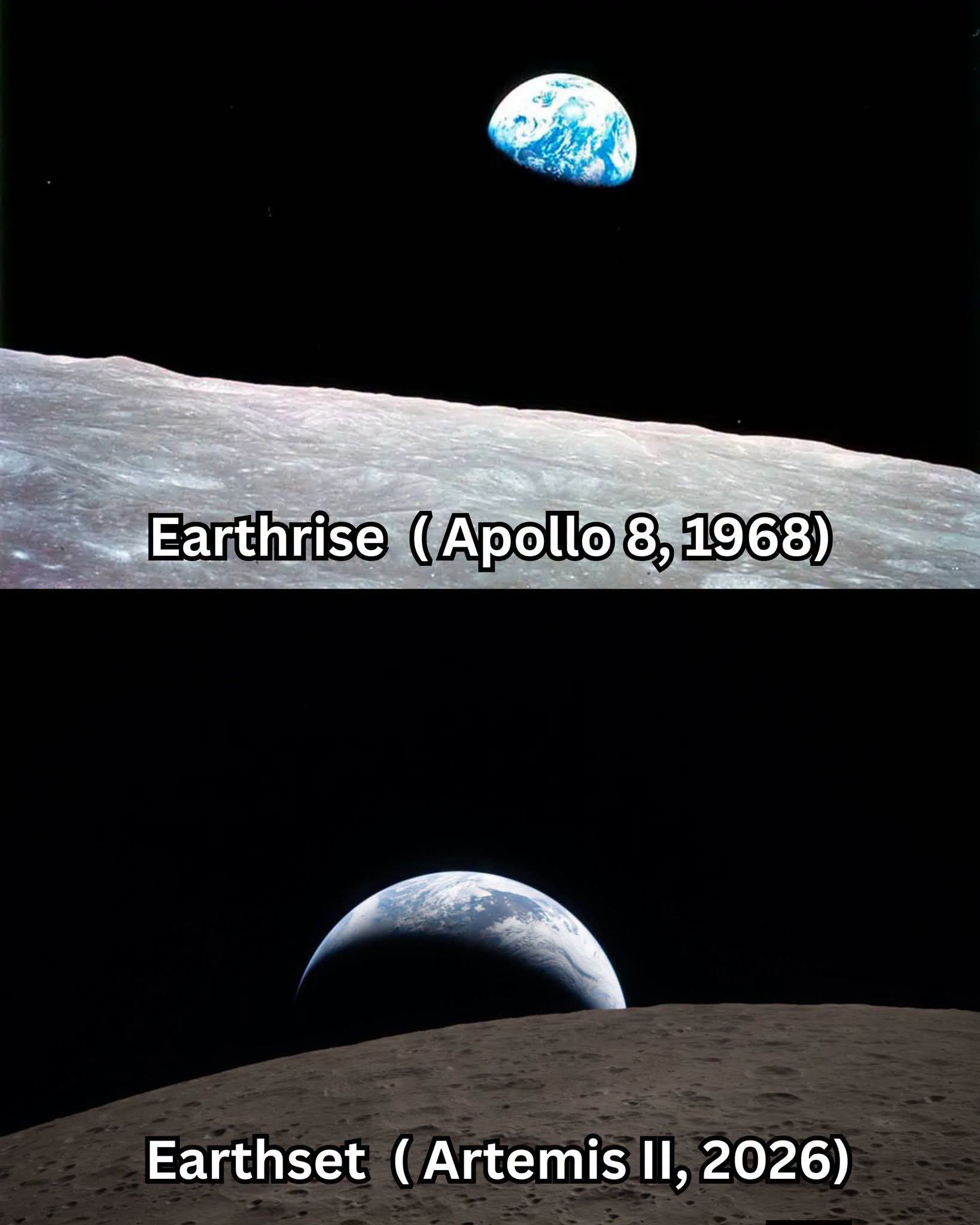The photos, taken decades apart in 1968 and 2026, show Earth as it