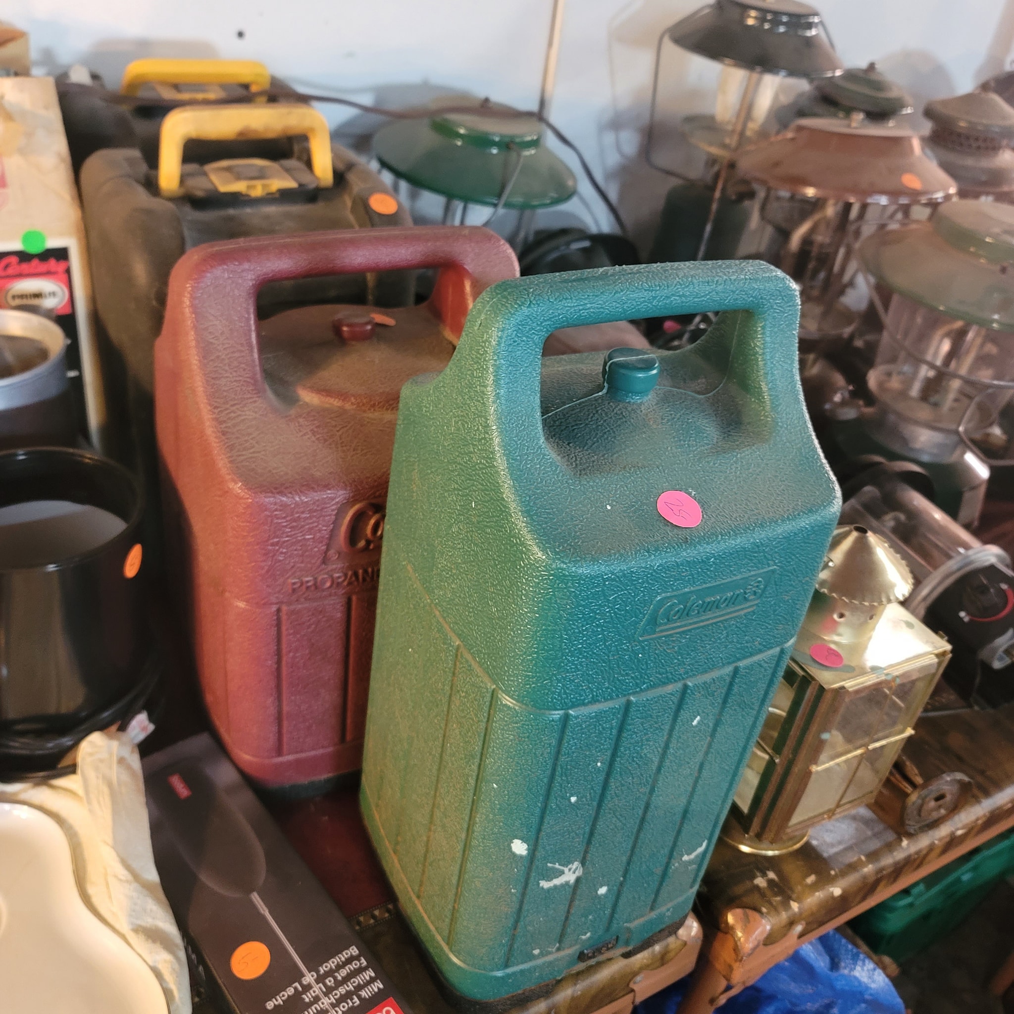 Vintage Coleman lanterns and water jugs at Jolly Giant Flea Market