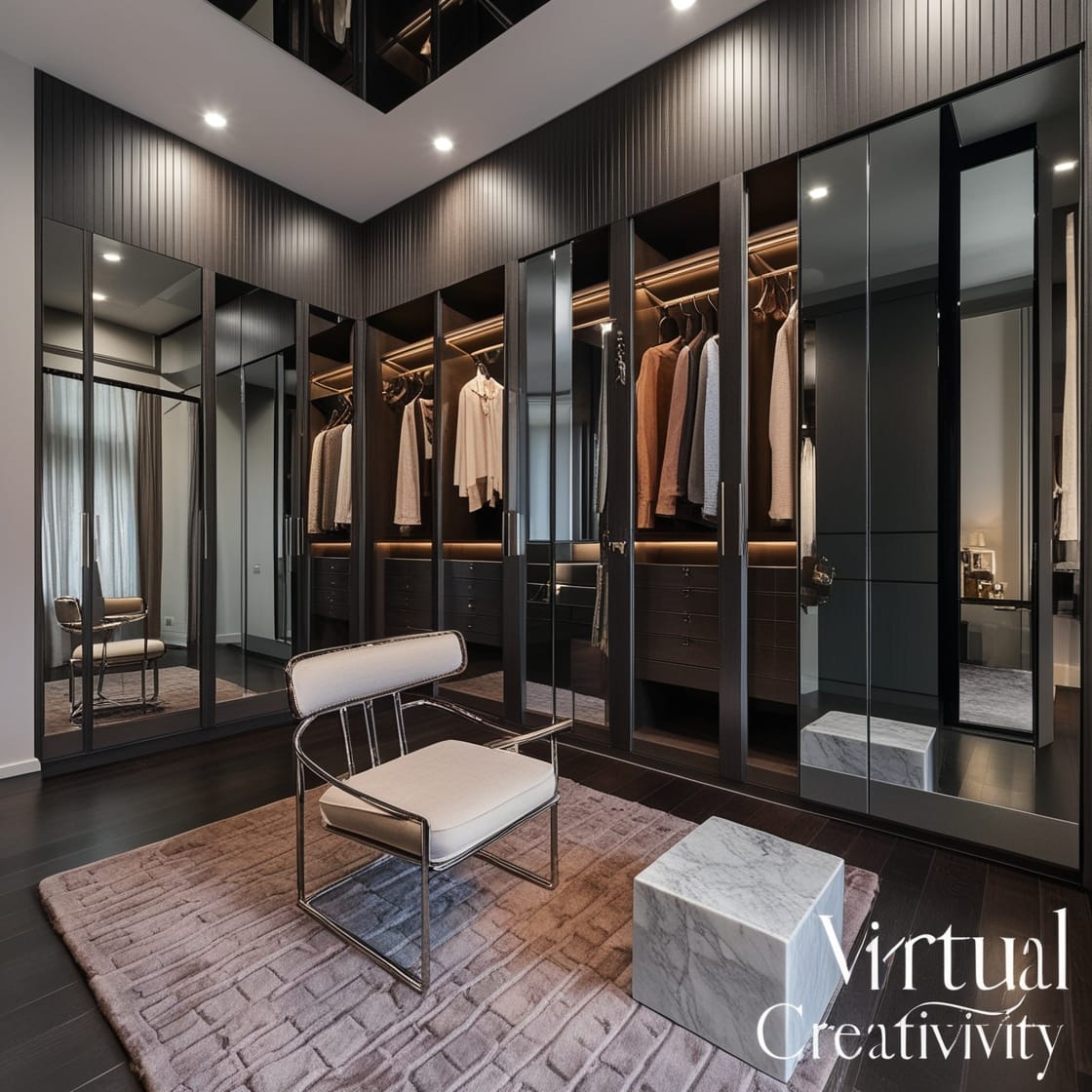 Virtual - "Step into this modern, luxurious walk-in closet, where sleek ...