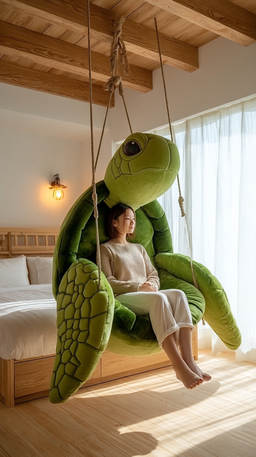 Homesoils - This plush green turtle-shaped hanging chair swings you ...