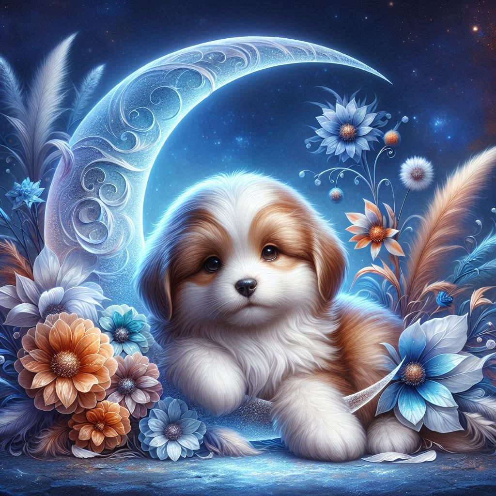 Whimsical puppy illustration on a crescent moon