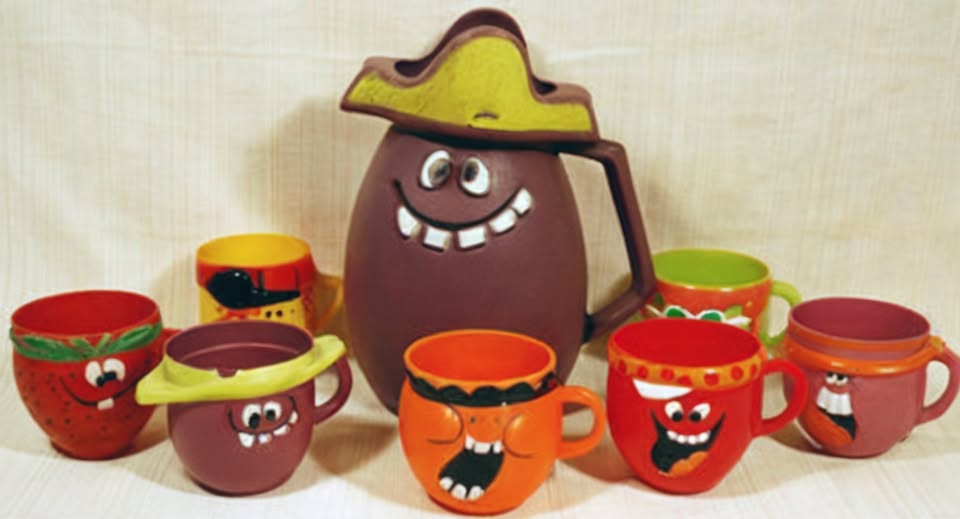 The Pillsbury Funny Face drink pitcher and matching cups from the
