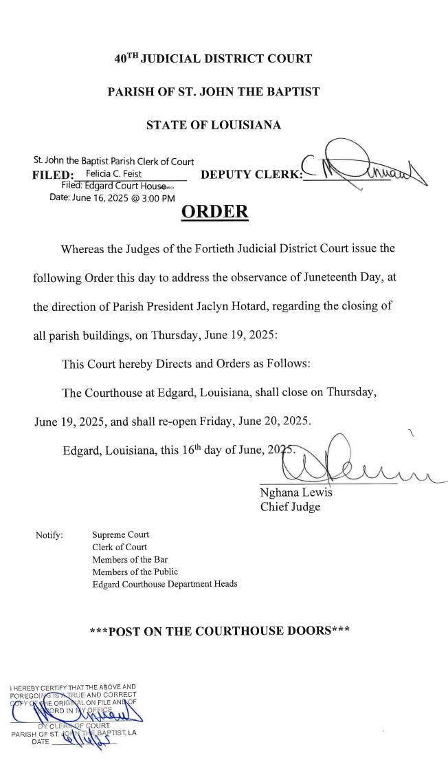 Judge Order:... - St. John the Baptist Parish Clerk of Court | Facebook