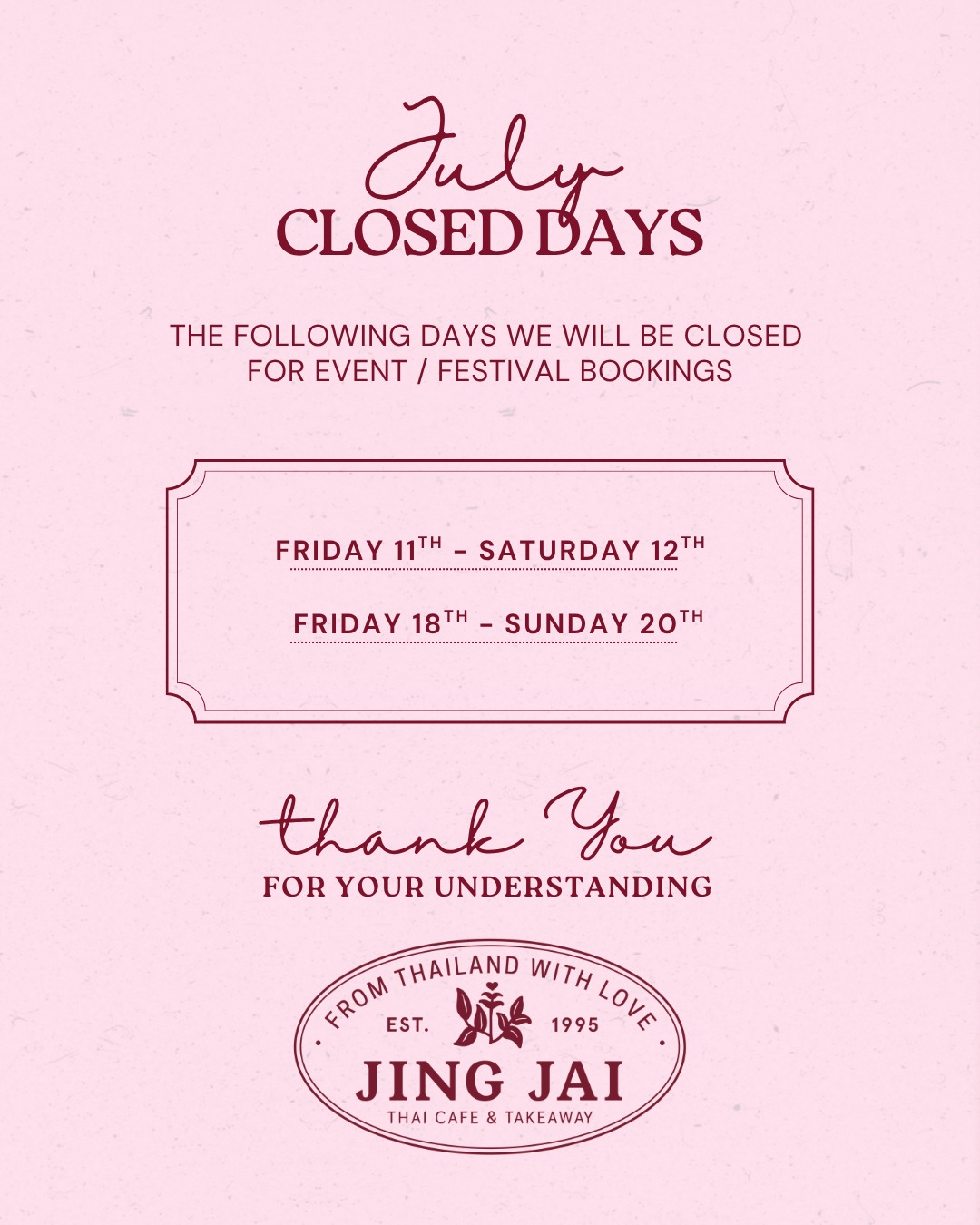 Jing - 📅 July Closed Days *EDIT* Friday 11th - Sunday 13th** Friday ...