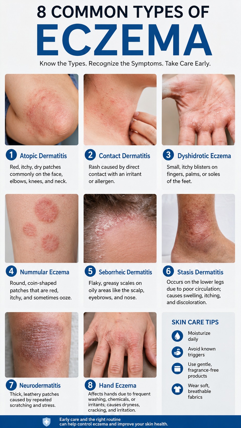 Did you know there are 7 different types of eczema? 🤔 Eczema isn't just one condition. There are several forms, and treatment can vary depending on the type. Here's a quick look