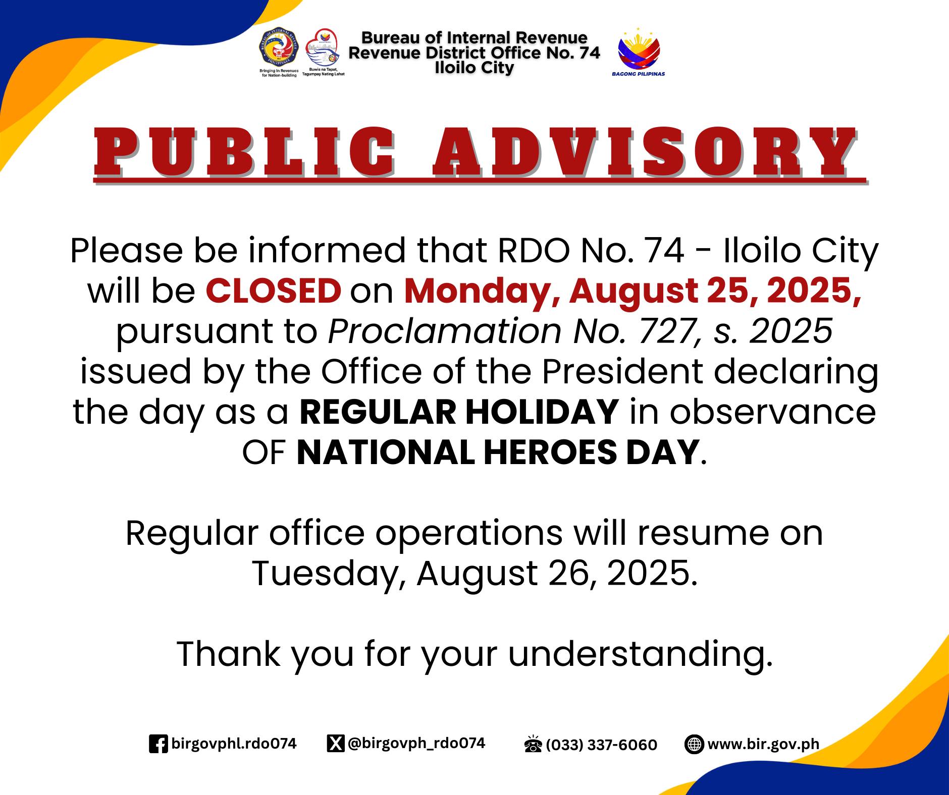 📢 PUBLIC ADVISORY Please be informed that RDO No. 74 - Iloilo City will ...