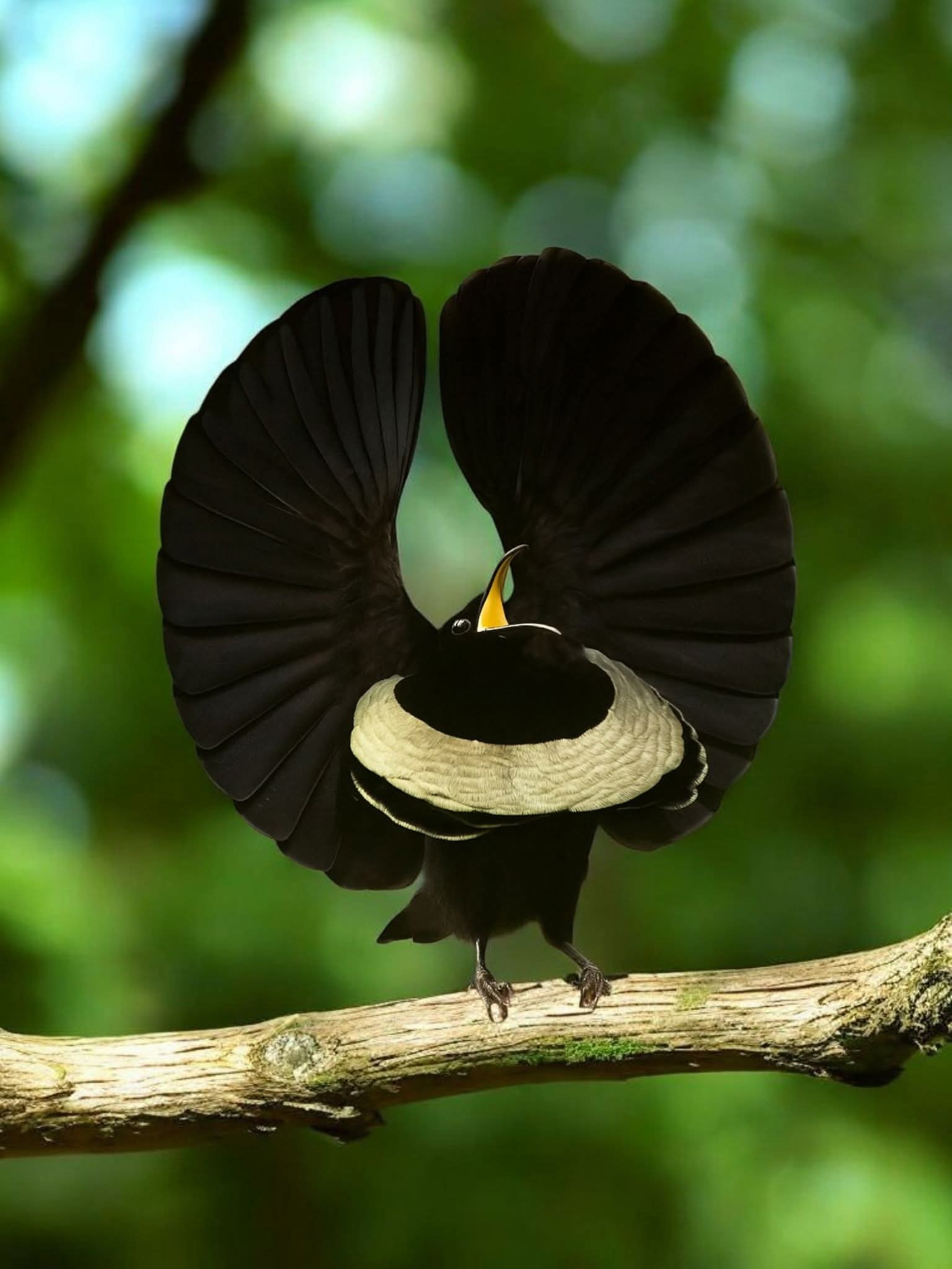 A perfect, rounded crescent arch of velvet-black feathers frames
