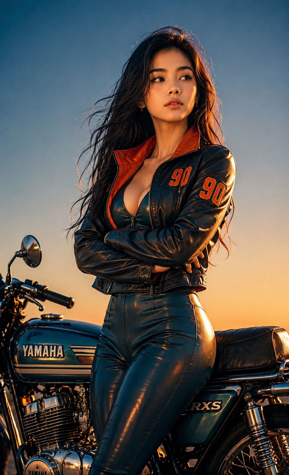 Photorealistic image of woman with long wavy hair beside Yamaha
