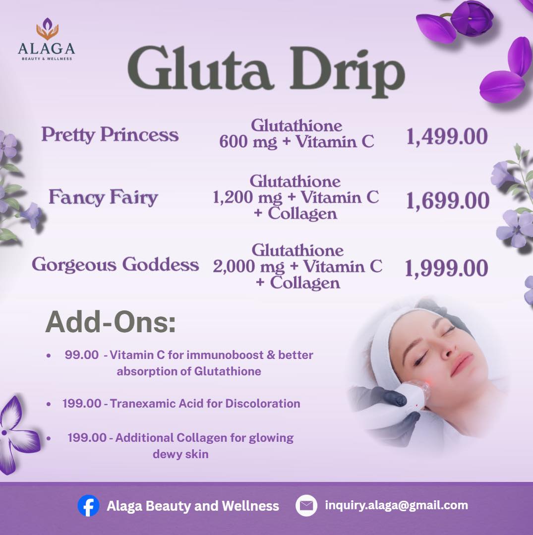 Introducing our premium Gluta Drip Treatments para sa mas radiant, brighter, at healthier-looking skin. 💜✨ 📩 Message us today to reserve your session! Limited slots only. #AlagaBeautyAndWellness #GlutaDripPH #facialtreatment #AestheticClinicPH