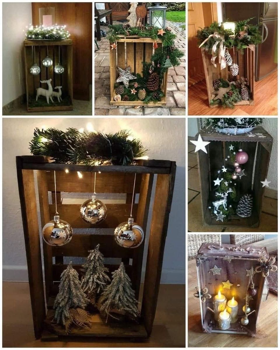 Rustic Crate Display with Mini Evergreens for Cabin Christmas Decor