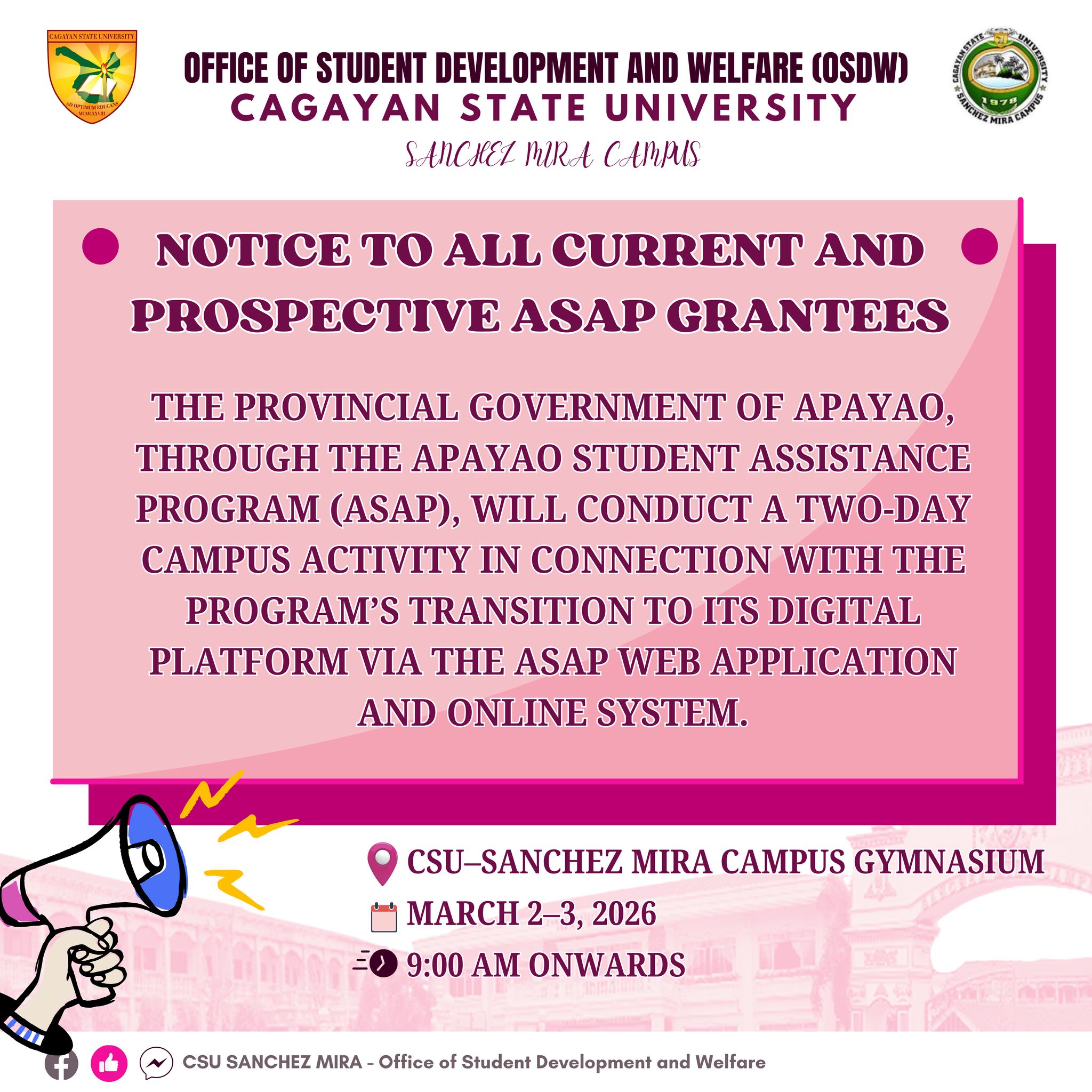 📣 CAMPUS ADVISORY All current and prospective ASAP grantees are hereby ...