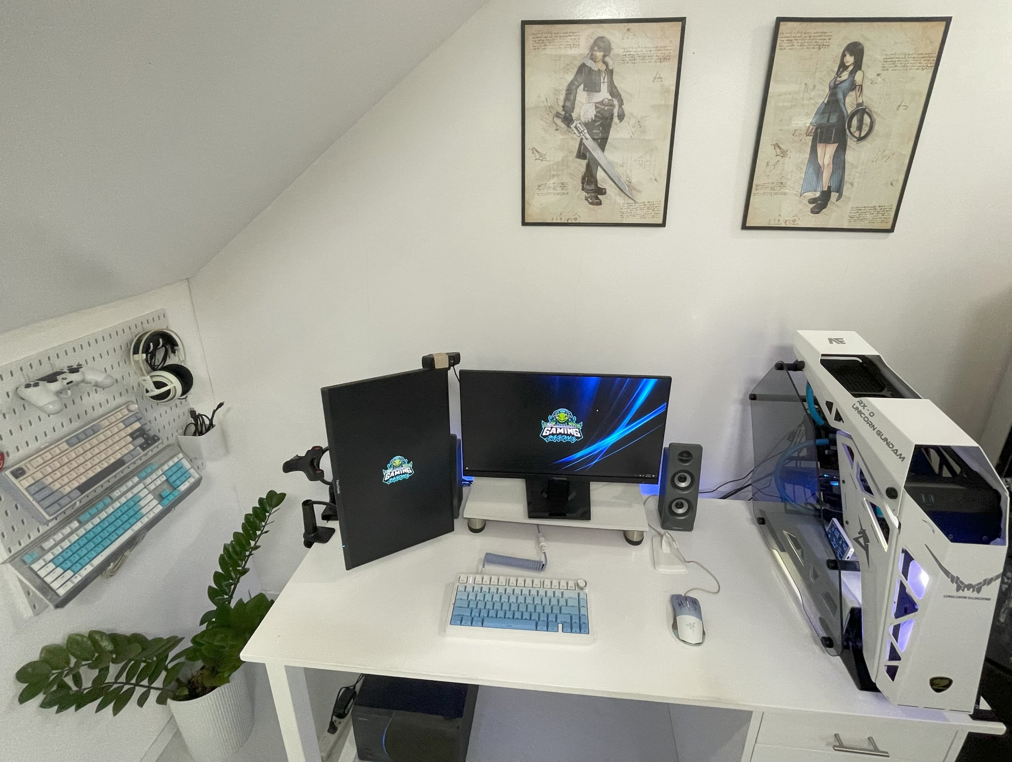 Caraga's - A clean, all-white setup with dual monitors, icy blue ...