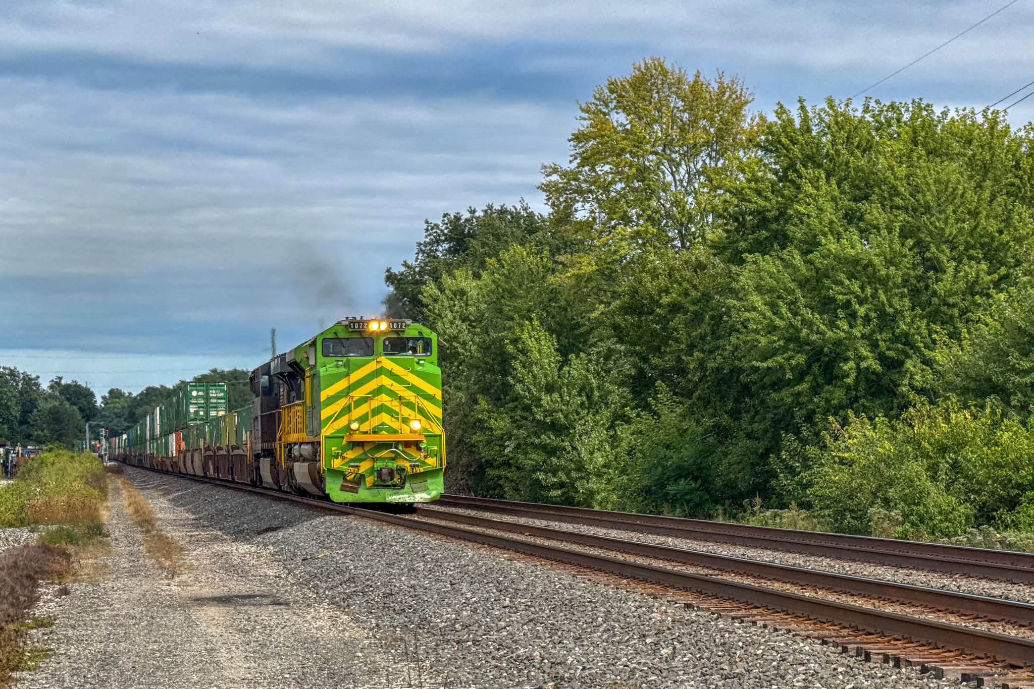 NS 1072 heritage unit leads train in Rolling Prairie, IN
