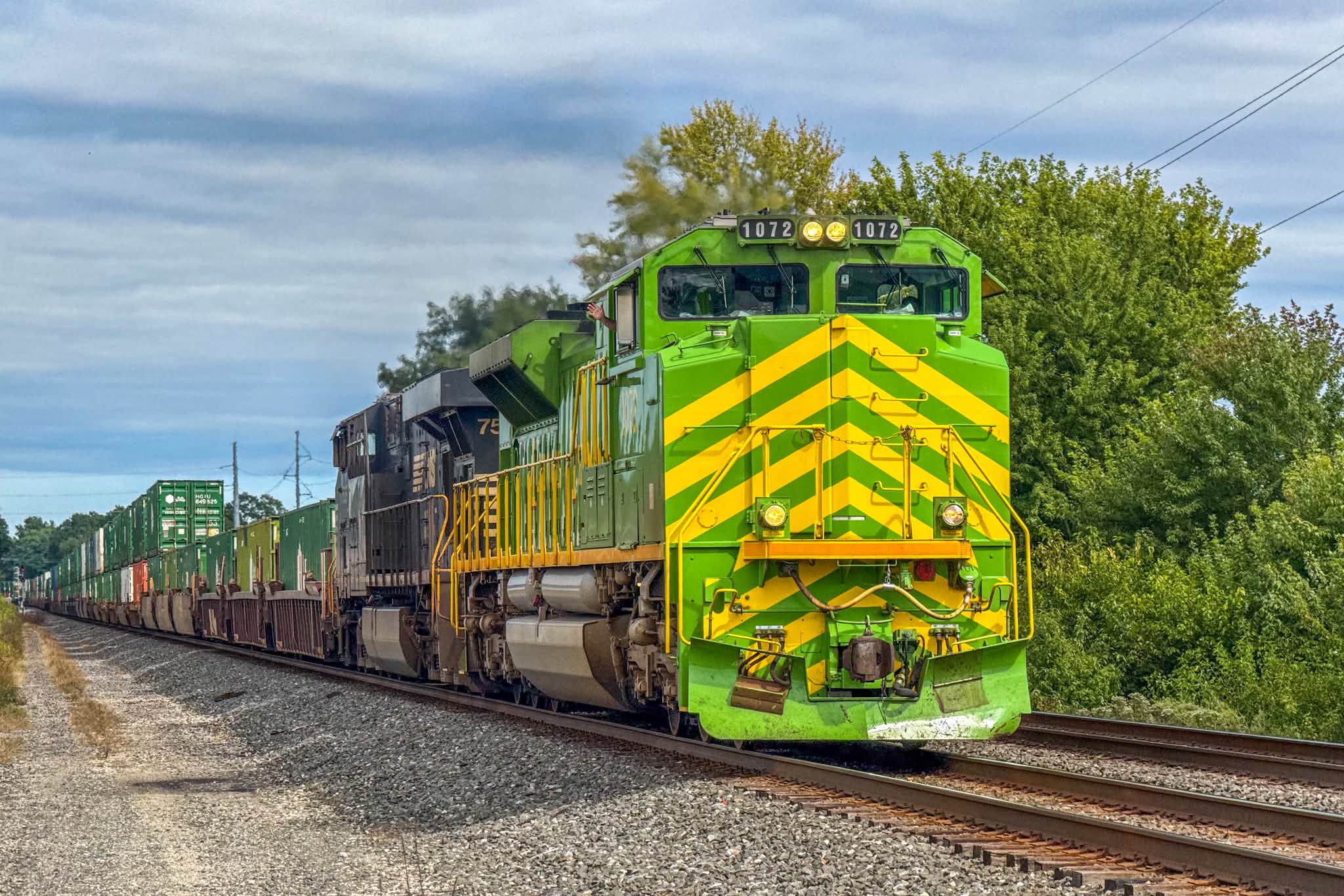 NS 1072 heritage unit leads train in Rolling Prairie, IN