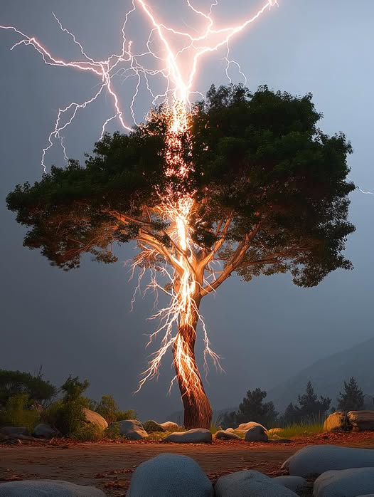 Elise - A direct lightning strike splits the tree with visible plasma ...