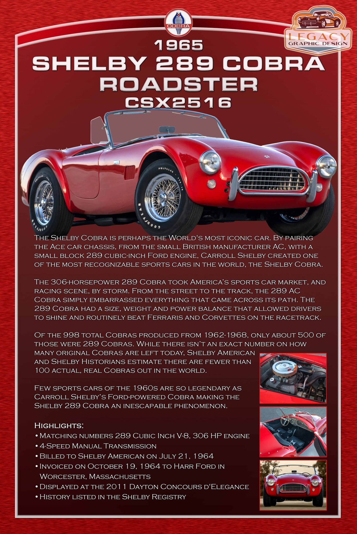 The 1964 Shelby 289 Cobra, specifically chassis CSX2227, is more