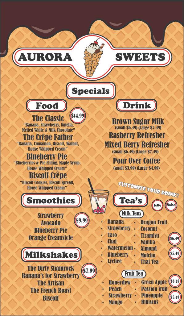 AURORA SWEETS MENU!!! COME SEE US @ 718 MAIN STREET