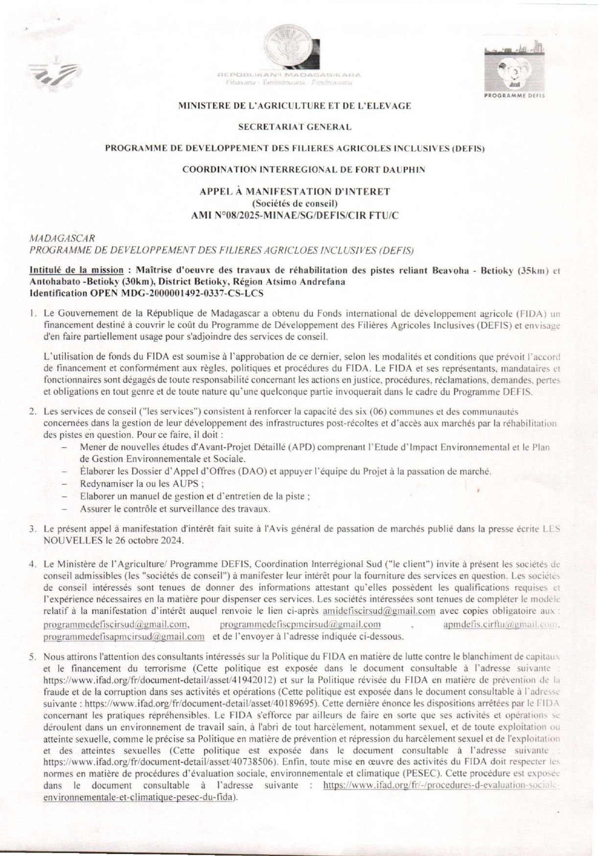 Programme Pays FIDA Madagascar | Antananarivo