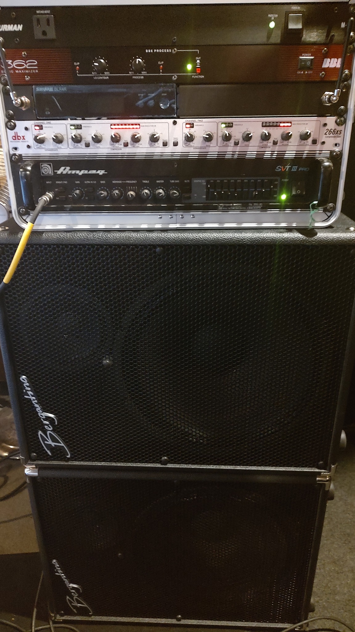 Bass player's rig with Ampeg 8x10 fridge