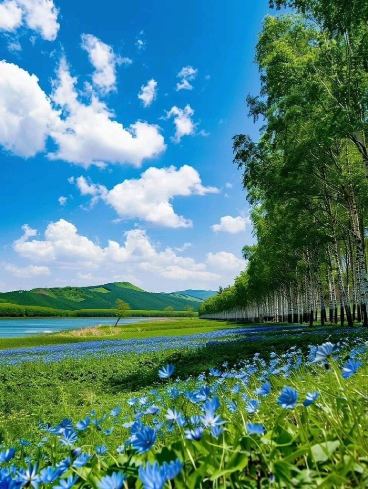 Hokkaido's serene spring landscape with blue flowers