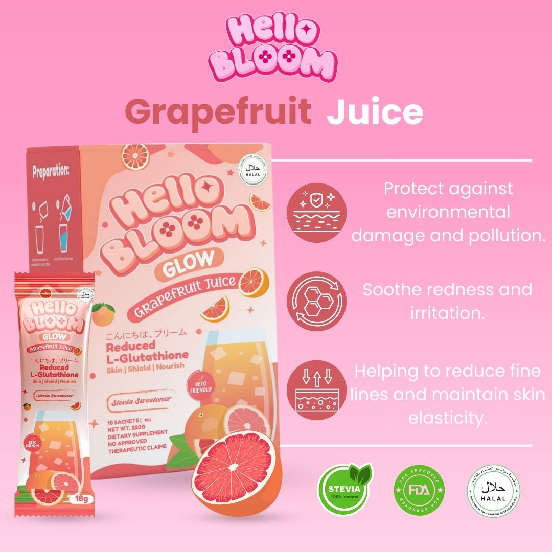 Feel the goodness in a refreshing Grapefruit Juice! Hello Bloom Glow offers delightful juices infused with Glutathione that may help improve skin and packed with antioxidant. Take your Hello Bloom and glow