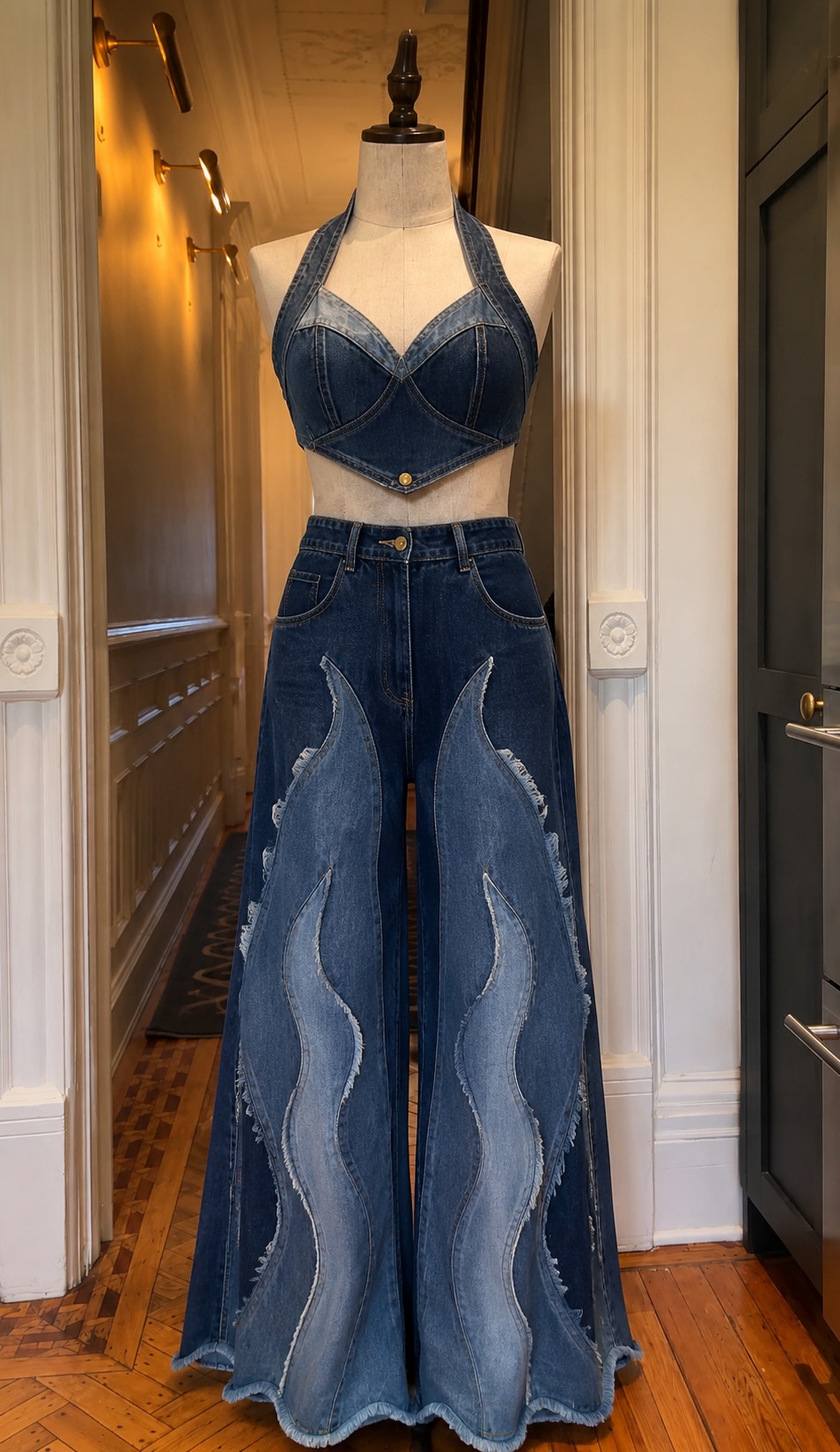 lotus dress design | CULT MIA status:Sale Experience elegance with the Plus Size Denim Dress: Color:LACE GARDEN MIX