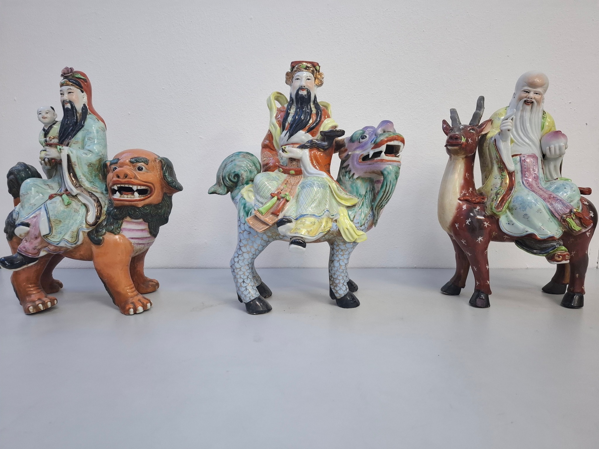 ✨福禄寿三星骑兽像✨ 三尊人物骑坐瑞兽（狮、麒麟、鹿），寓意福运 