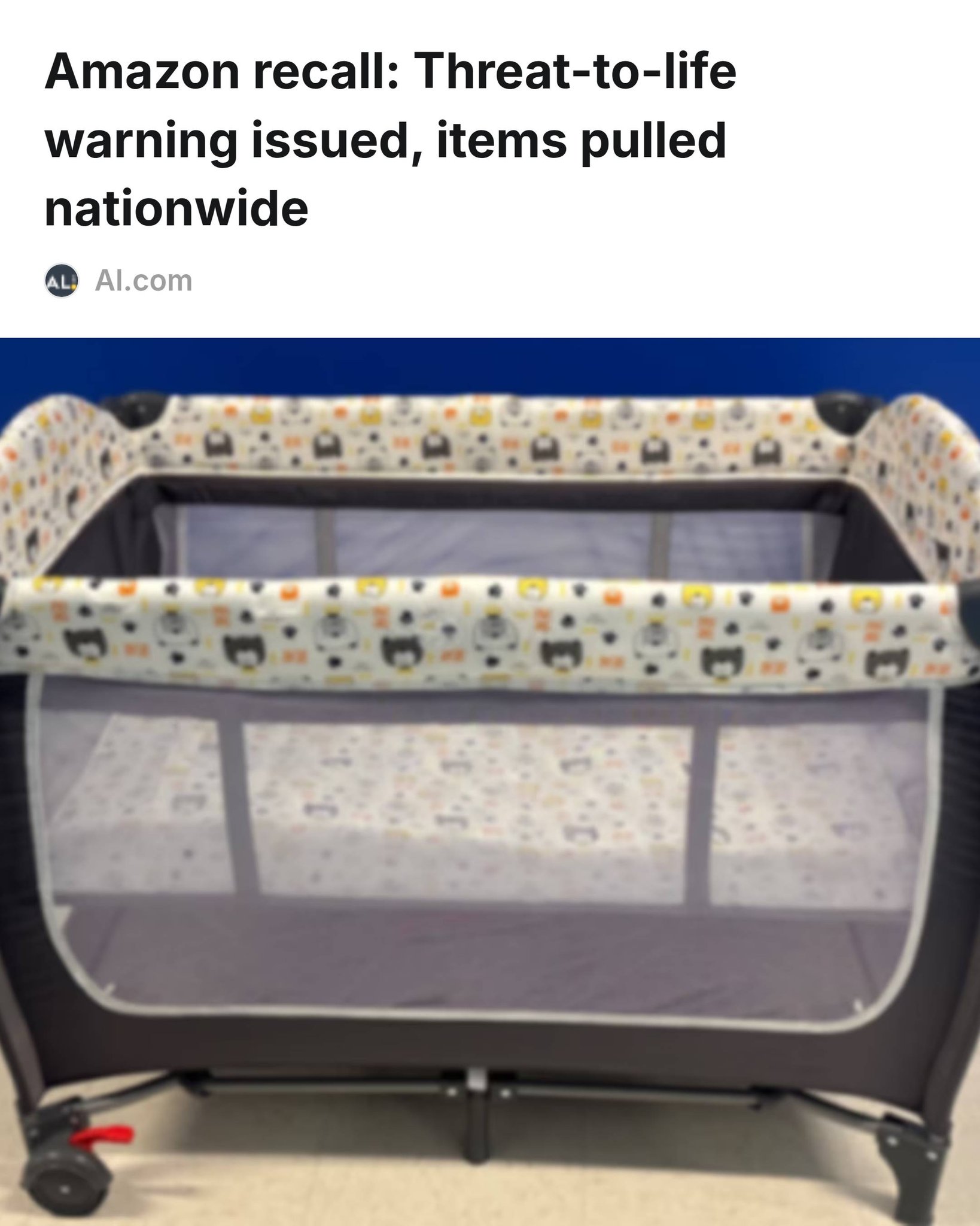 A playpen sold on Amazon has been recalled for the risk of serious injury or death from suffocation, announced Friday