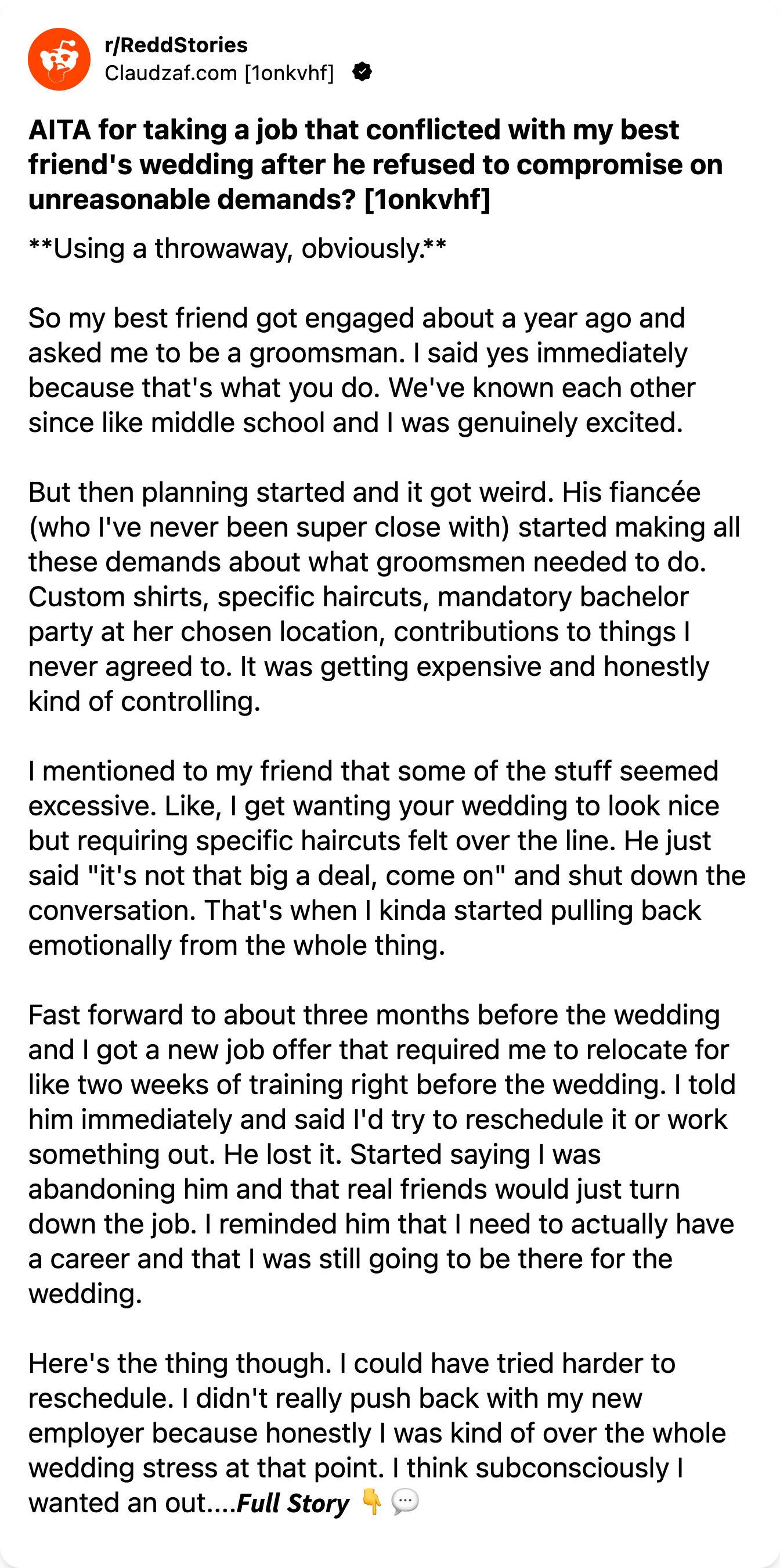 ReddStories - AITA for taking a job that conflicted with my best friend ...