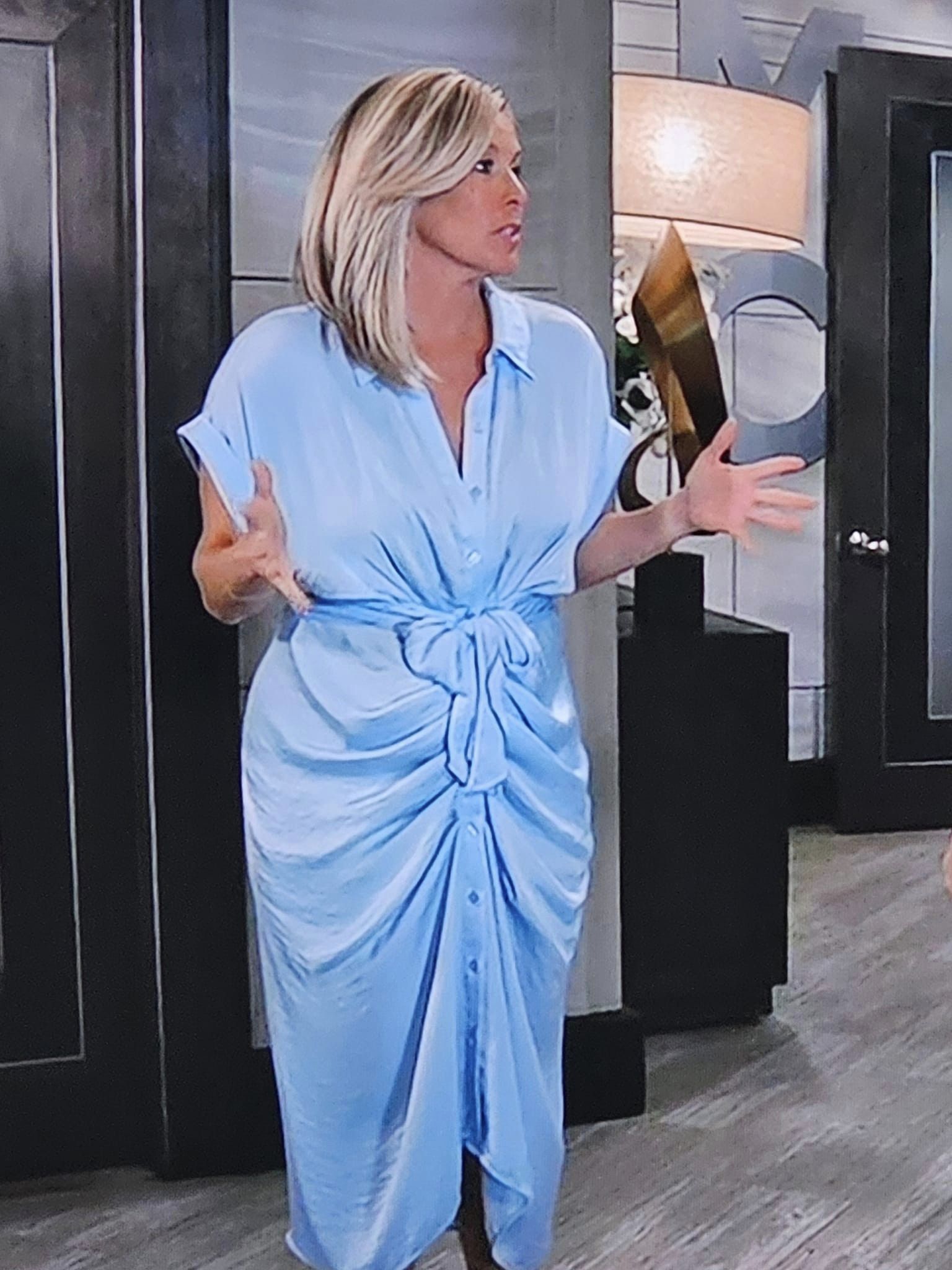 cj cregg blue armani dress Total fashion gush here but I'm watching Galileo and CJ's is my absolute she wears in this entire series! That dress is stunning! patouCode_DR0540044603B DRAPED TIE-DETAIL HIGH-NECK MAXI Color:Light Blue Floral