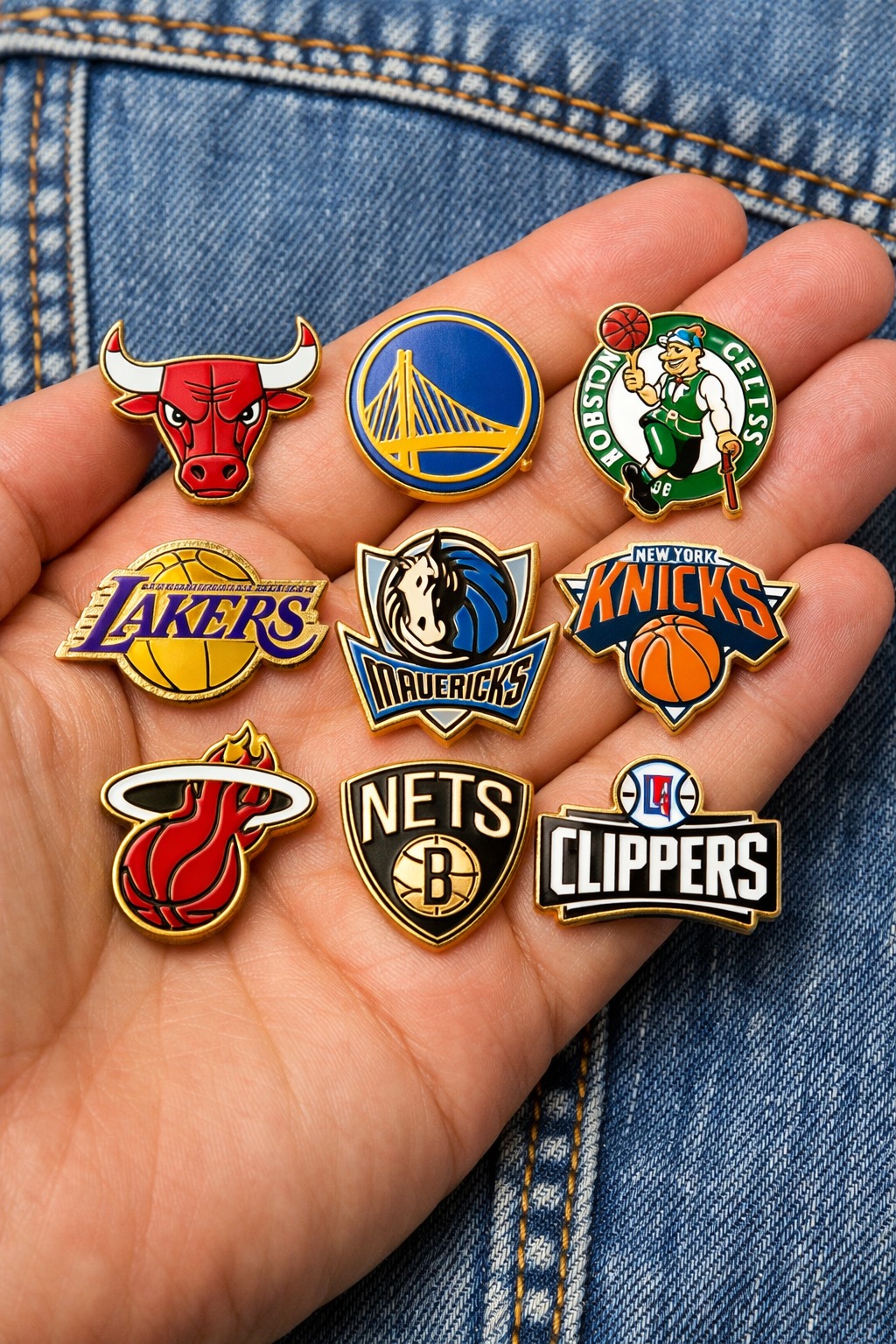The NBA pins! Prompt: A collection of colorful of a NBA team pins