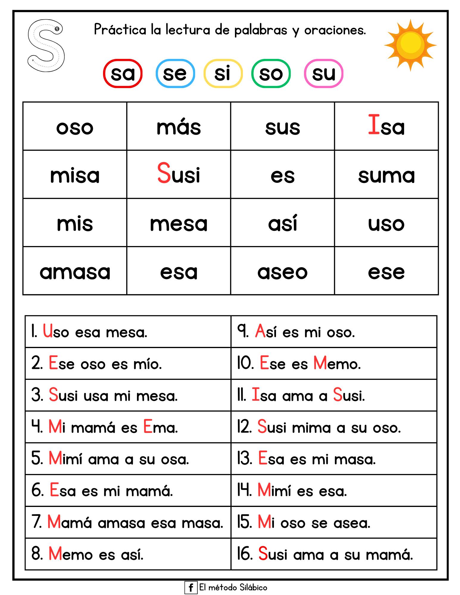 Hojas de lectura de palabras y... - El Método Silábico | Facebook