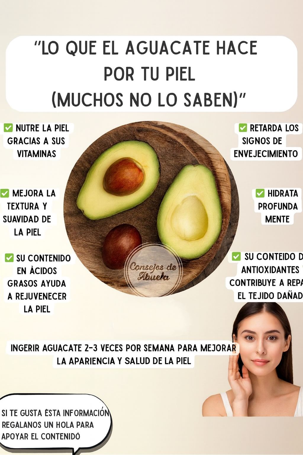 La belleza también se cultiva desde dentro. 🥑✨ El aguacate aporta nutrientes que contribuyen al cuidado de la piel y el cabello: 💚 Vitamina E, que ayuda a proteger las células frente