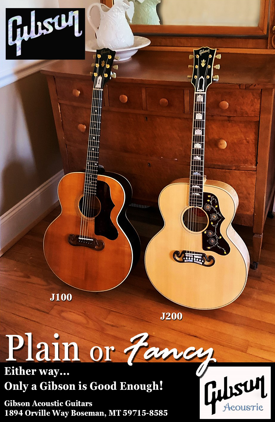 Gibson guitar ad using J100 and J200