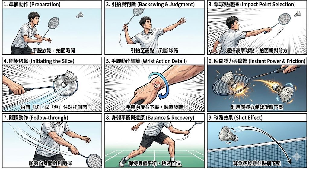 瑋翔 - 關於「羽球切球（Slice/Drop Shot）分解動作」的詳細技術解說。 這張漫畫非常精準地捕捉了切球技術中最重要的「漸進式」過程 ...