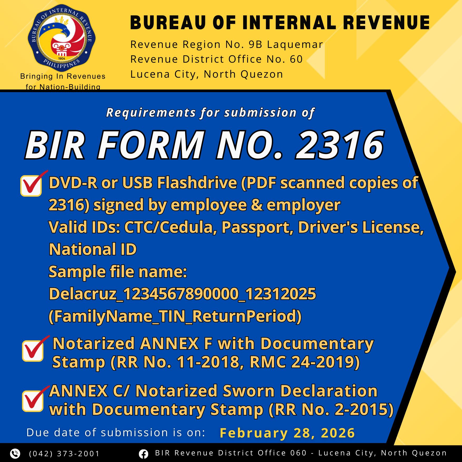 Revenue - BIR Form No. 2316 (Deadline February 28, 2026) Annex F (RR 11 ...
