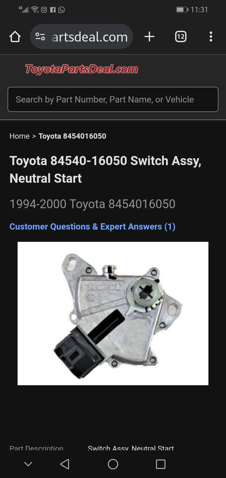 1998 Toyota Corolla neutral safety switch 84540-16050